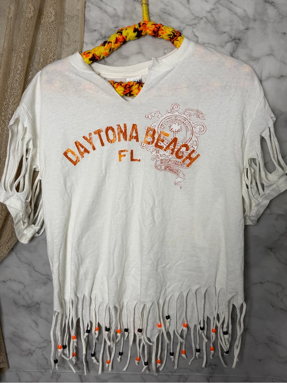 Daytona Beach Florida Cutout Fringe Beaded Graphic Tee M Sunshine State Biker